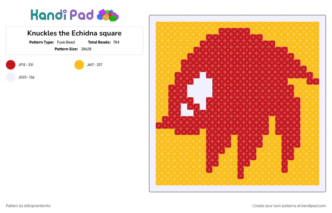 Knuckles the Echidna square - Fuse Bead Pattern by billcipherdorito on Kandi Pad - knuckles, knuckles the echidna, red, sega, sonic, yellow