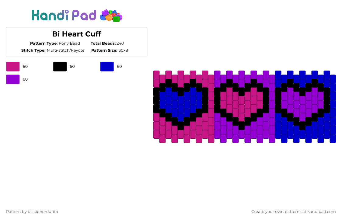 Bi Heart Cuff - Pony Bead Pattern by billcipherdorito on Kandi Pad - pink,purple