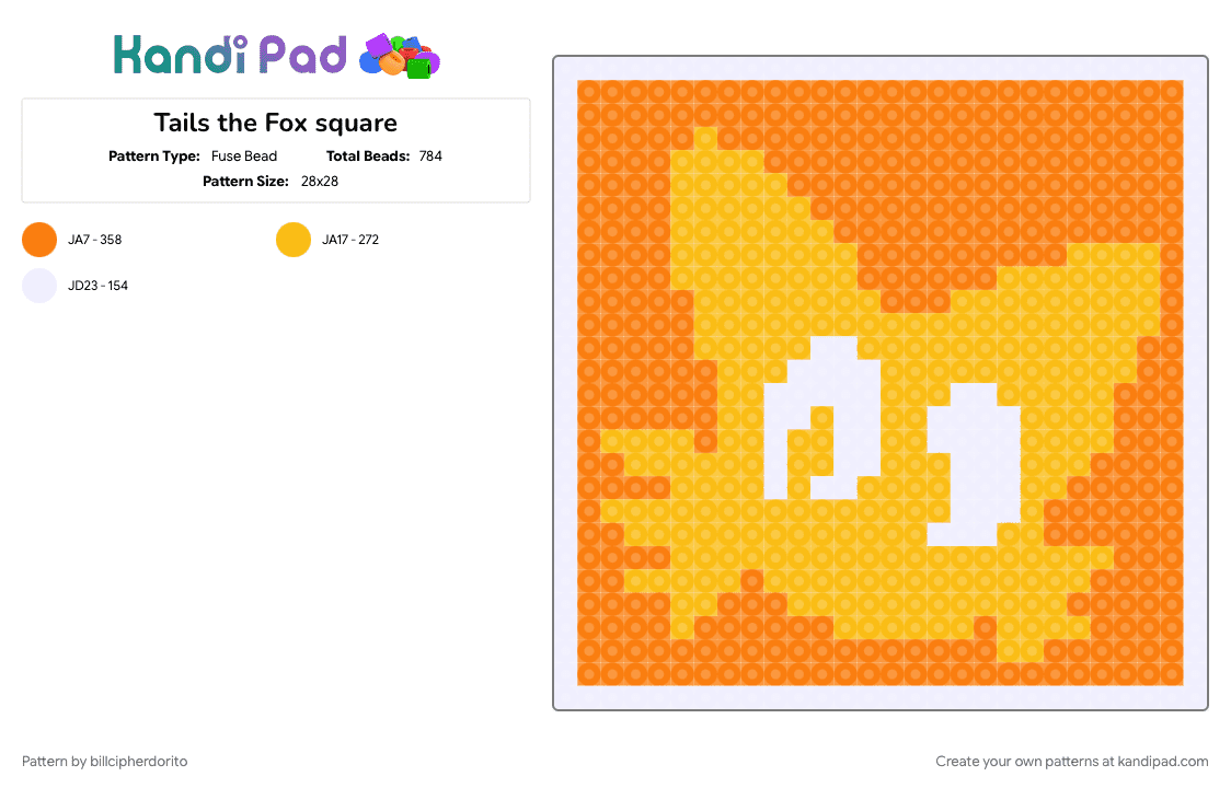 Tails the Fox square - Fuse Bead Pattern by billcipherdorito on Kandi Pad - orange, sega, sonic, tails, tails the fox, yellow