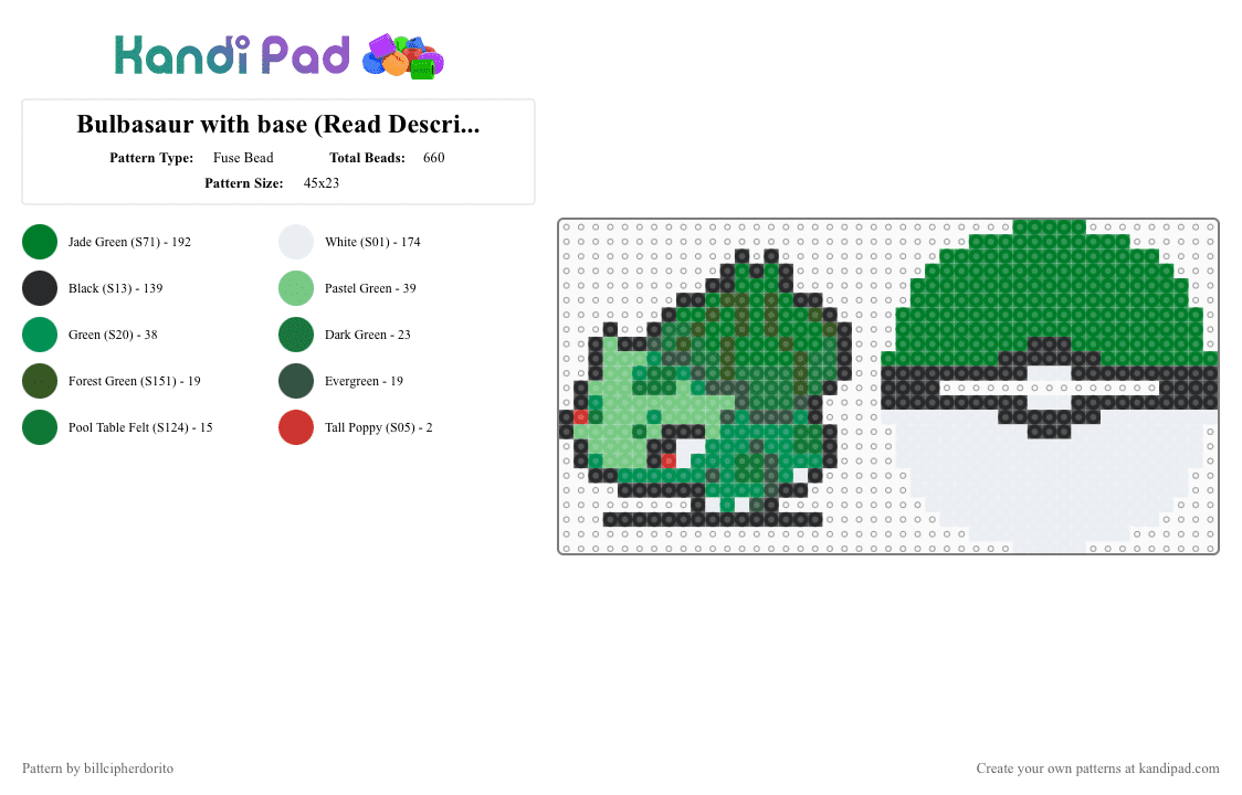 Bulbasaur with base (Read Description) - Fuse Bead Pattern by billcipherdorito on Kandi Pad - green,pokmon,gen 1,bulbasaur,grass type