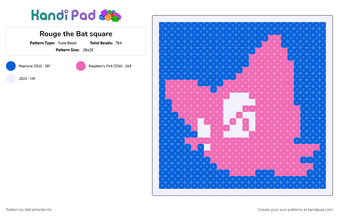 Rouge the Bat square - Fuse Bead Pattern by billcipherdorito on Kandi Pad - blue, pink, rouge, rouge the bat, sega, sonic