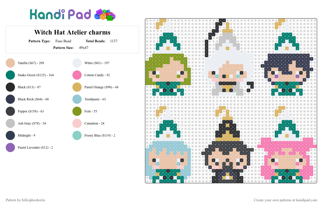 Witch Hat Atelier charms - Fuse Bead Pattern by billcipherdorito on Kandi Pad - anime, beige, characters, cotdanime, manga, teal, witch hat atelier