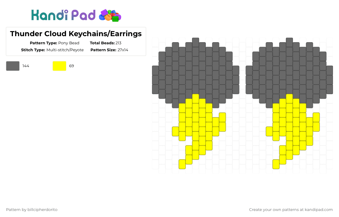 Thunder Cloud Keychains/Earrings - Pony Bead Pattern by billcipherdorito on Kandi Pad - cotdthunder, gray, yellow