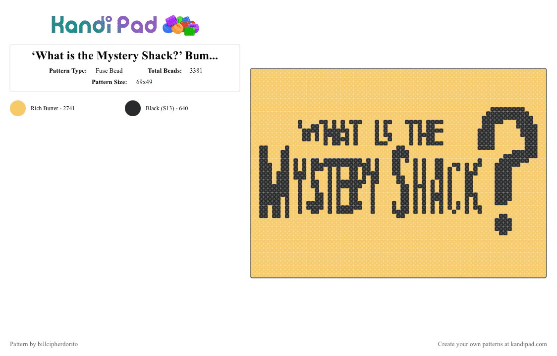 ‘What is the Mystery Shack?’ Bumper Sticker - Fuse Bead Pattern by billcipherdorito on Kandi Pad - cotdmystery,gravity falls,disney,disney cartoon