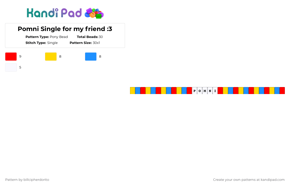Pomni Single for my friend :3 - Pony Bead Pattern by billcipherdorito on Kandi Pad - red,yellow,light blue