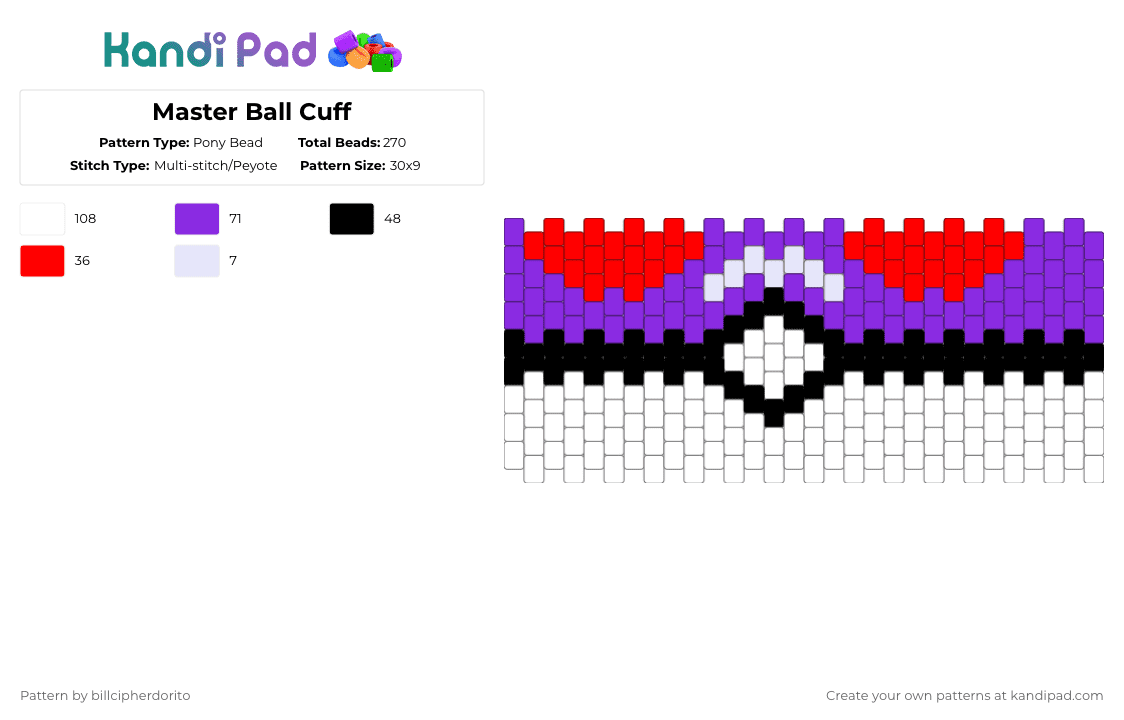 Master Ball Cuff - Pony Bead Pattern by billcipherdorito on Kandi Pad - purple,red