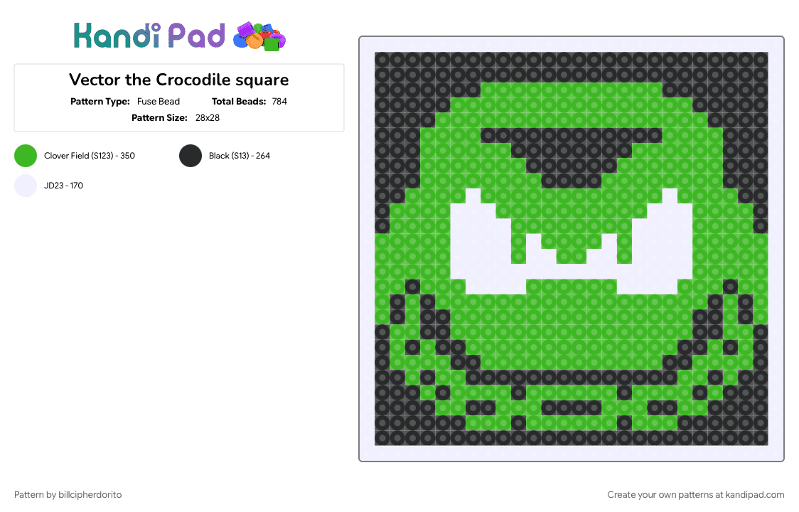 Vector the Crocodile square - Fuse Bead Pattern by billcipherdorito on Kandi Pad - green, sega, sonic, vector, vector the crocodile, white