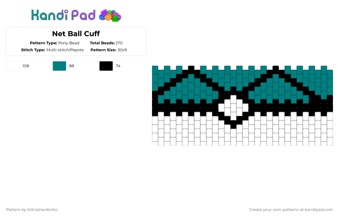 Net Ball Cuff - Pony Bead Pattern by billcipherdorito on Kandi Pad - teal,white