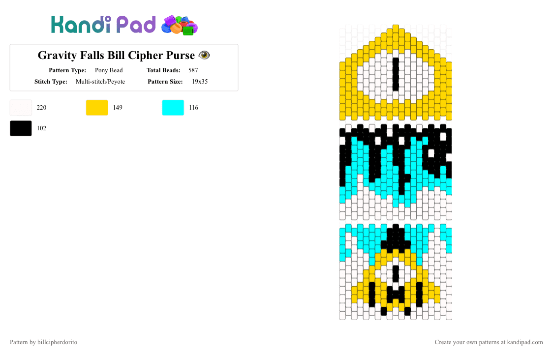 Gravity Falls Bill Cipher Purse 👁️ - Pony Bead Pattern by billcipherdorito on Kandi Pad - yellow,light blue,gravity falls,bill,bill cipher,purse,disney,disney cartoon