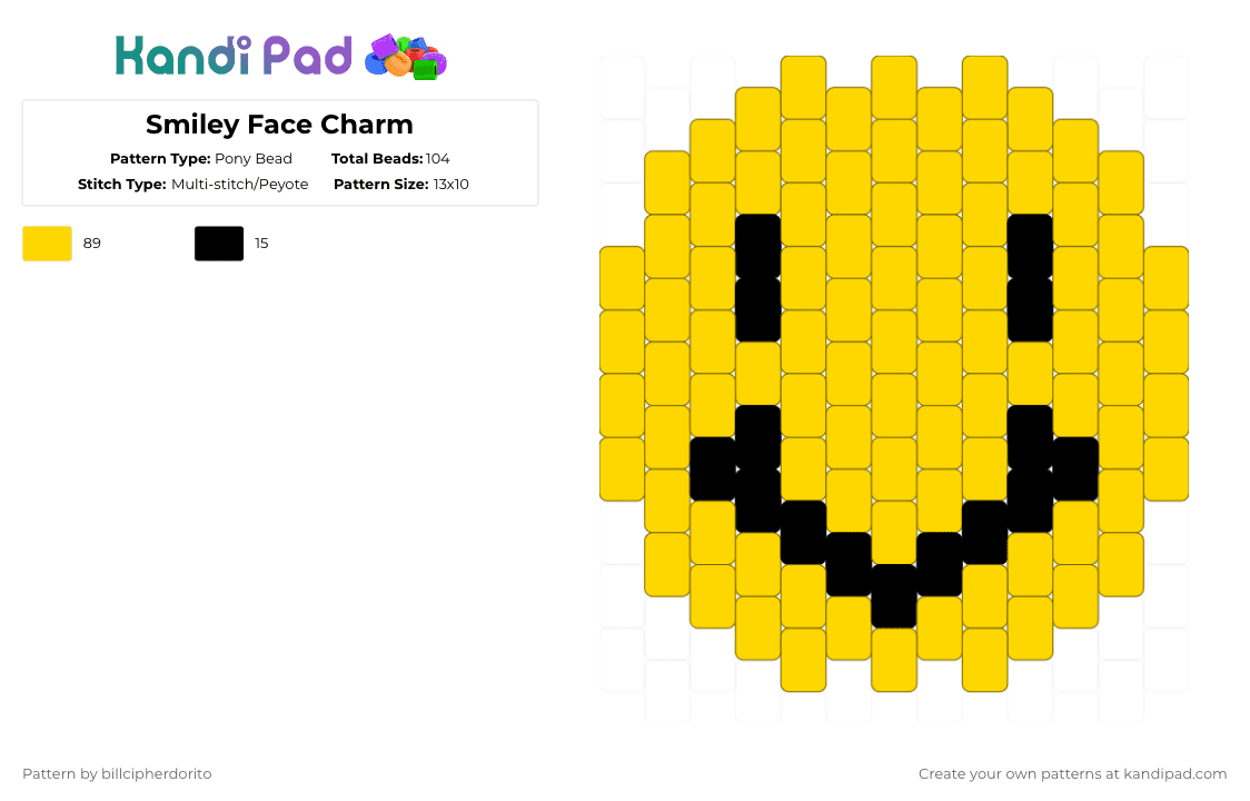 Smiley Face Charm - Pony Bead Pattern by billcipherdorito on Kandi Pad - yellow