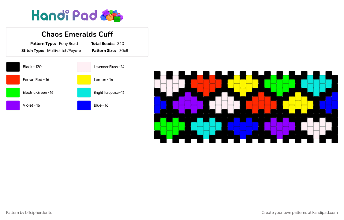 Chaos Emeralds Cuff - Pony Bead Pattern by billcipherdorito on Kandi Pad - black, chaos emerald, purple, sega, sonic the hedgehog