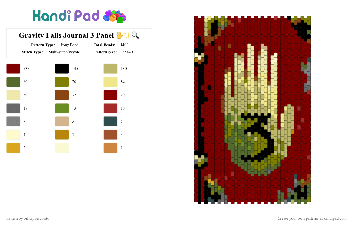 Gravity Falls Journal 3 Panel ✋✨🔍 - Pony Bead Pattern by billcipherdorito on Kandi Pad - brown,gold,cotddarkacademia,gravity falls,journal,journal 3,disney,disney cartoon