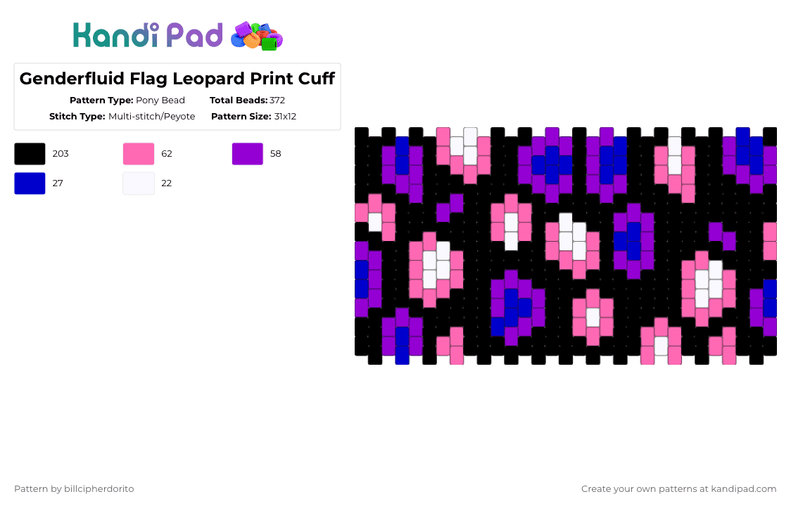 Genderfluid Flag Leopard Print Cuff - Pony Bead Pattern by billcipherdorito on Kandi Pad - black,pink,purple