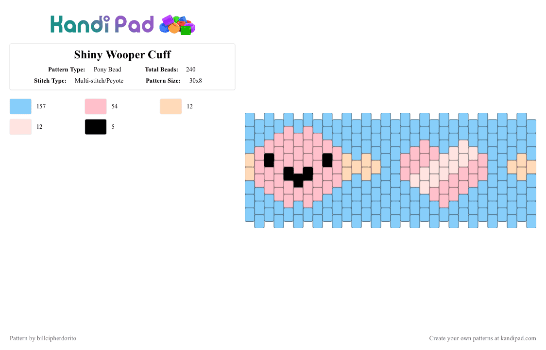 Shiny Wooper Cuff - Pony Bead Pattern by billcipherdorito on Kandi Pad - light blue,pokemon,wooper,shiny,nintendo,gen 2,johto,shiny pokemon,shiny wooper