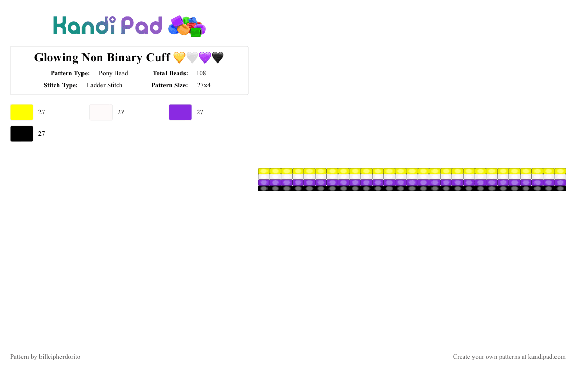 Glowing Non Binary Cuff 💛🤍💜🖤 - Pony Bead Pattern by billcipherdorito on Kandi Pad - yellow,purple,pride,nonbinary