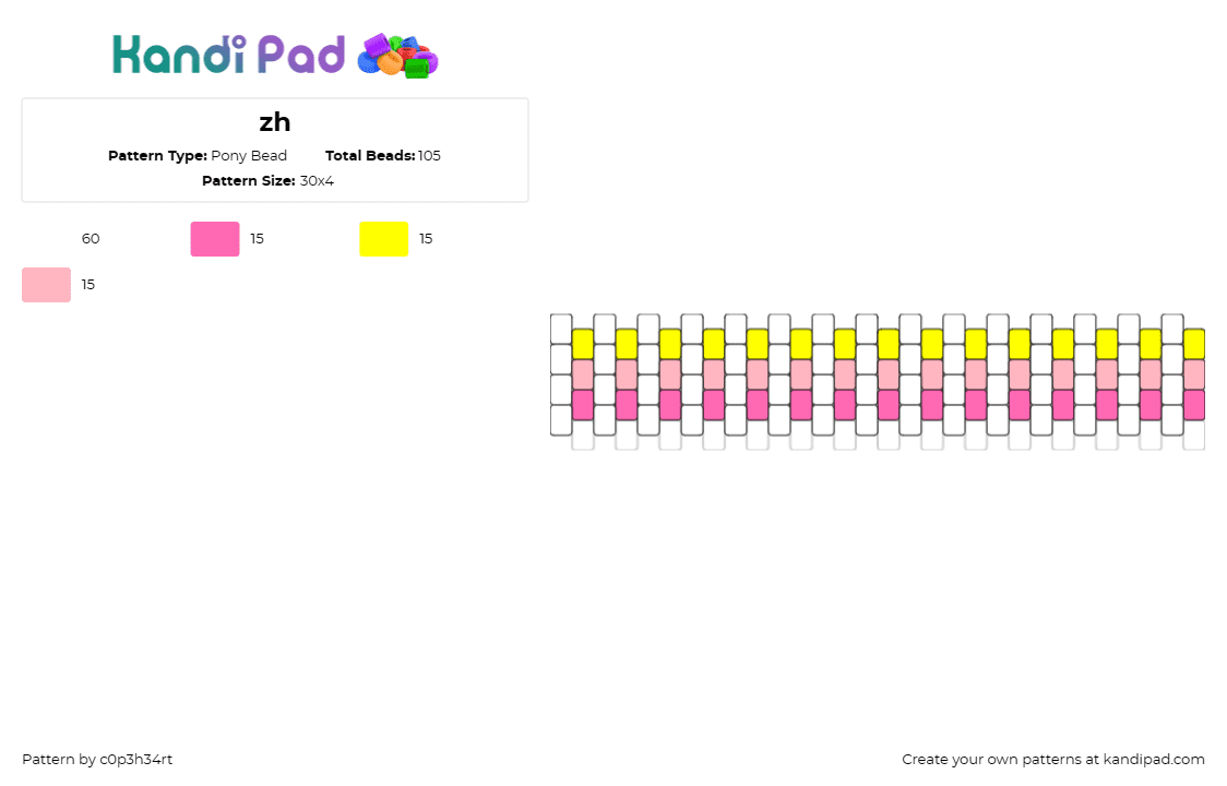 zh - Pony Bead Pattern by c0p3h34rt on Kandi Pad - cuff,elegant,simple,alternating rows,sunny,ensemble,yellow,pink,white