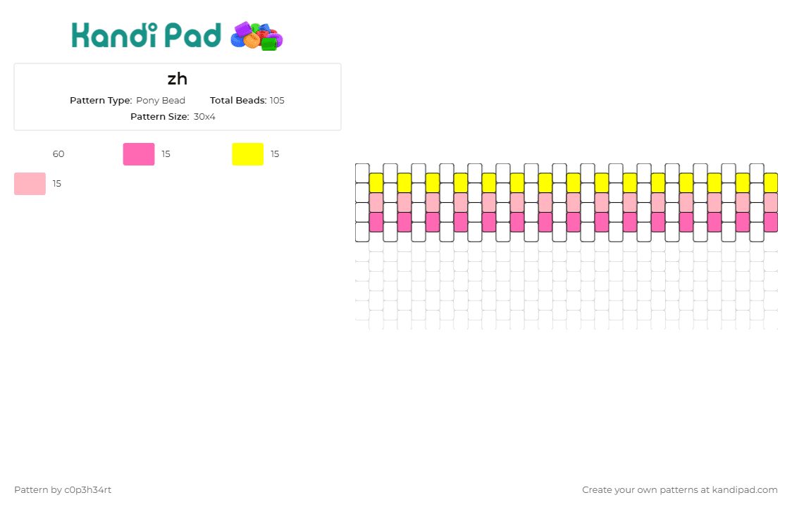 zh - Pony Bead Pattern by c0p3h34rt on Kandi Pad - cuff,elegant,simple,alternating rows,sunny,charm,ensemble,yellow,pink,white