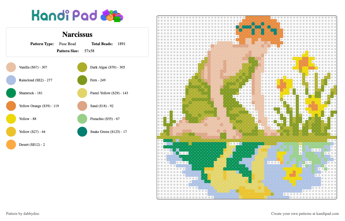 Narcissus - Fuse Bead Pattern by dabbydoo on Kandi Pad - beige,yellow,light blue,colorful,narcissus,greek,myth,mythology