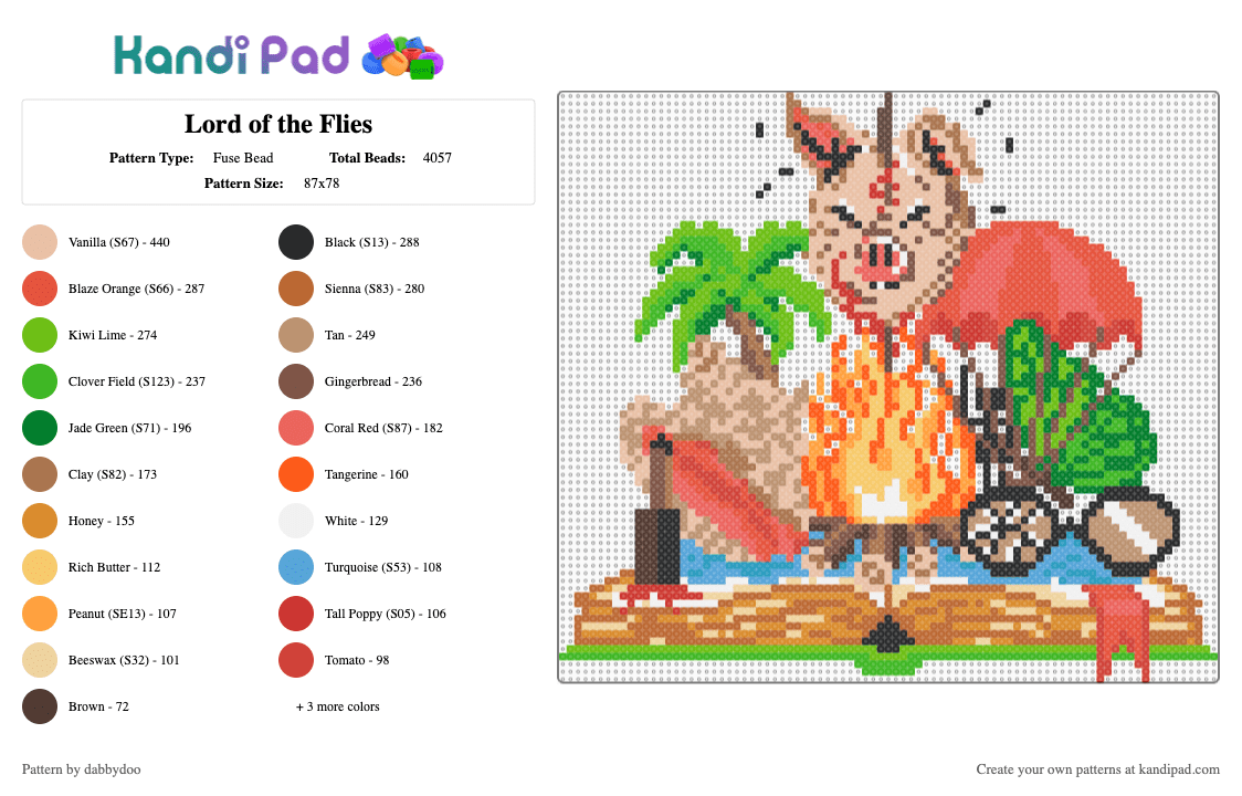 Lord of the Flies - Fuse Bead Pattern by dabbydoo on Kandi Pad - beige, book, colorful, green, literature, lord of the flies, orange, tan