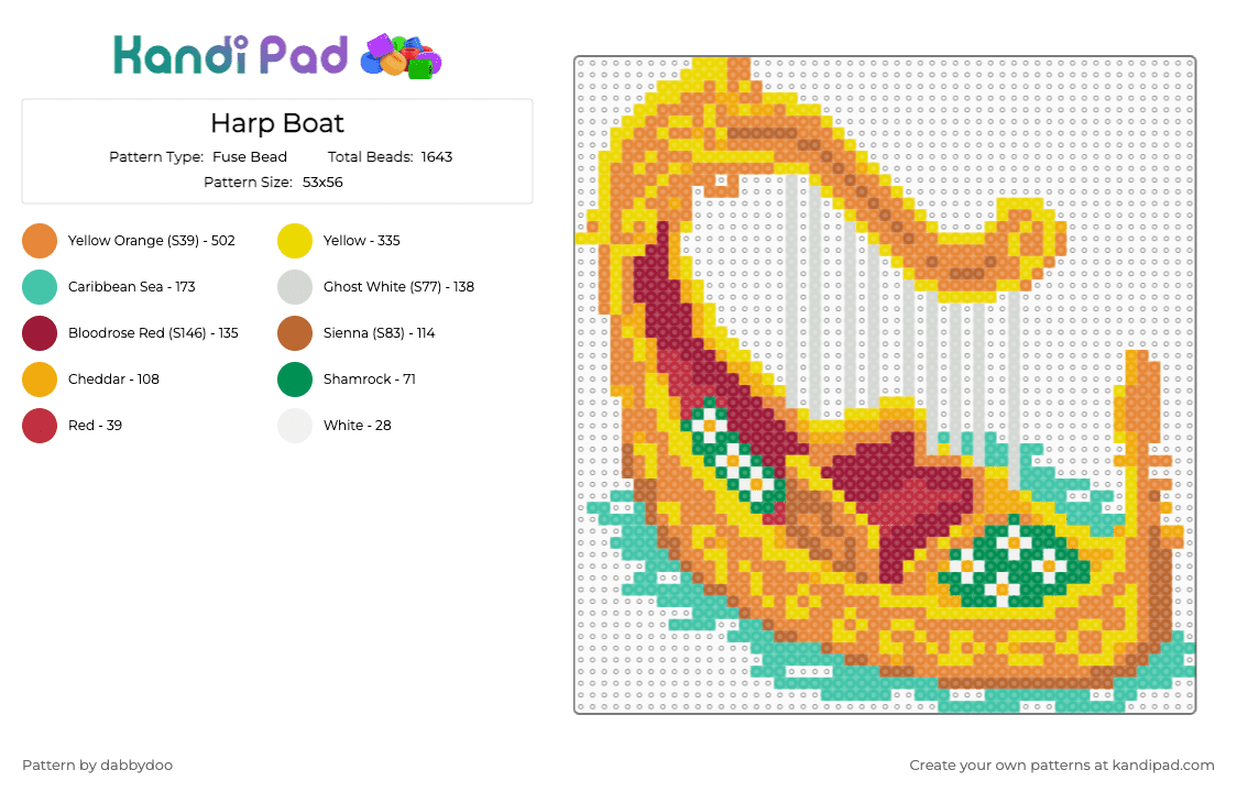 Harp Boat - Fuse Bead Pattern by dabbydoo on Kandi Pad - orange,yellow,harp,boat,fantasy,cotdrhythm