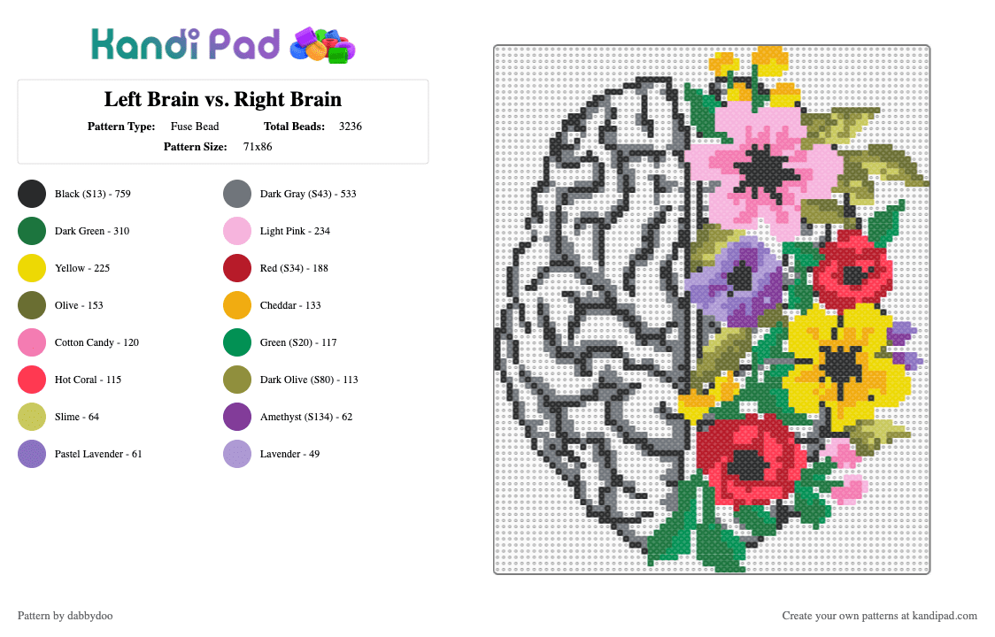 Left Brain vs. Right Brain Myth - Fuse Bead Pattern by dabbydoo on Kandi Pad - gray,green,pink,red,brain,flowers,anatomy