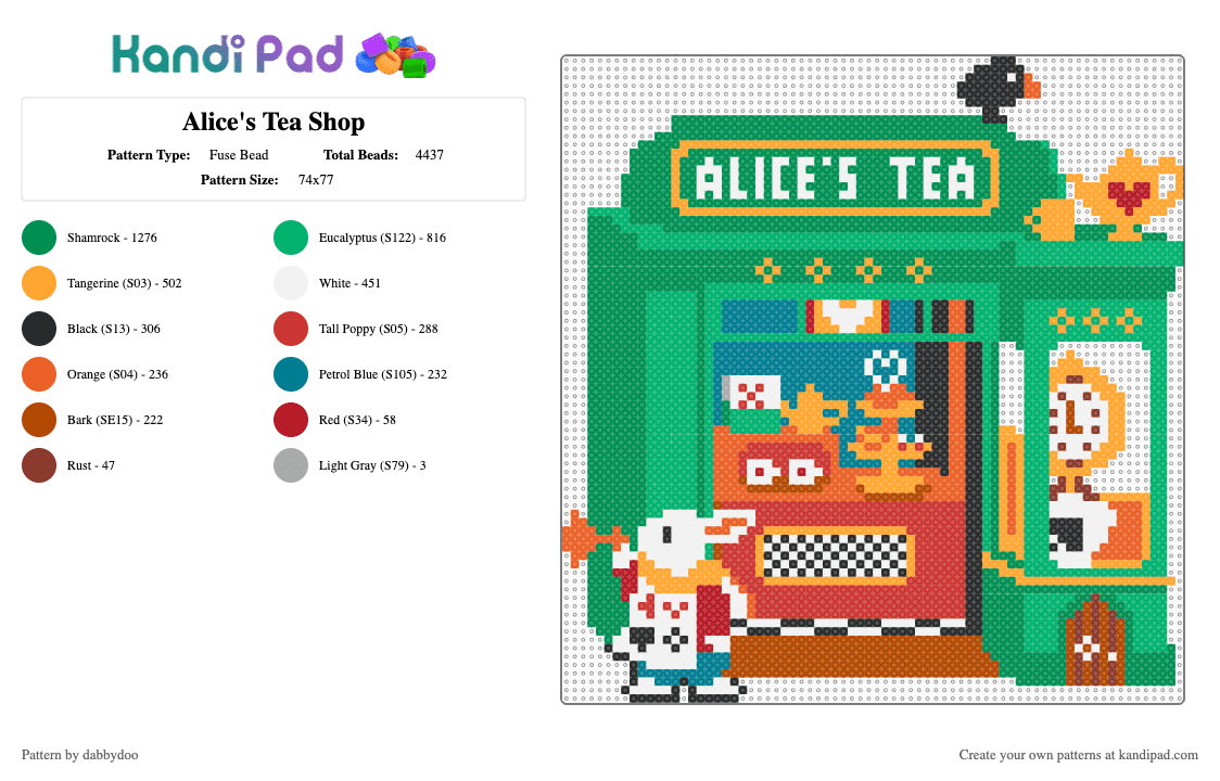 Alice\'s Tea Shop - Fuse Bead Pattern by dabbydoo on Kandi Pad - orange,green,wonderland,alice in wonderland,tea,movie,cotdfoodfestival