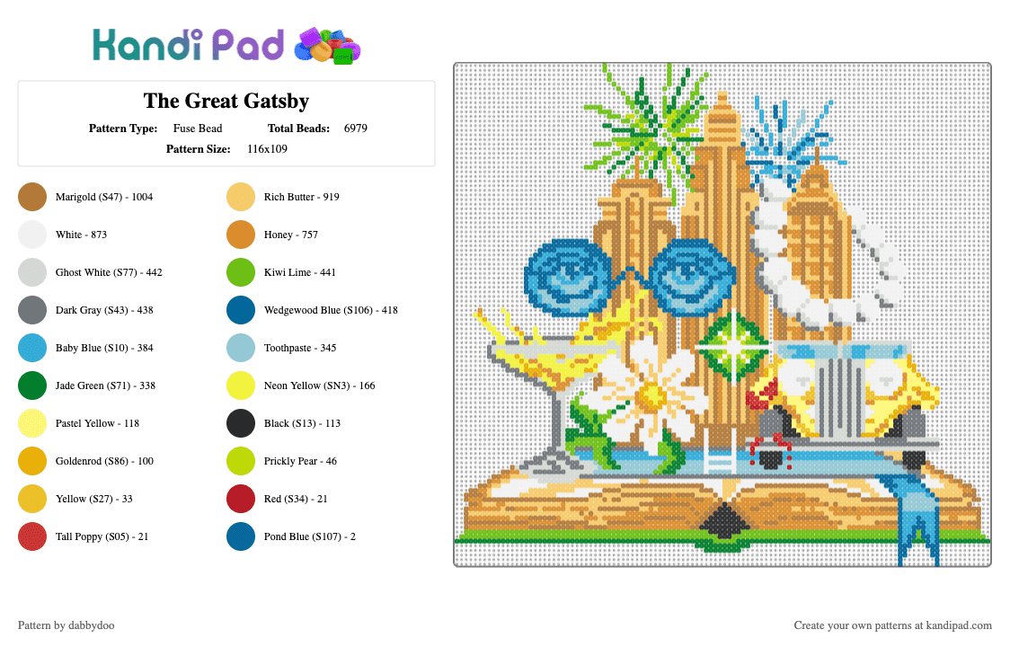 The Great Gatsby - Fuse Bead Pattern by dabbydoo on Kandi Pad - green,orange,tan,colorful,the great gatsby,literature,book