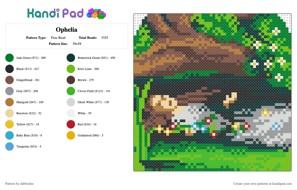 Ophelia - Fuse Bead Pattern by dabbydoo on Kandi Pad - tan,brown,green,ophelia,hamlet,literature,book,shakespeare,painting,art