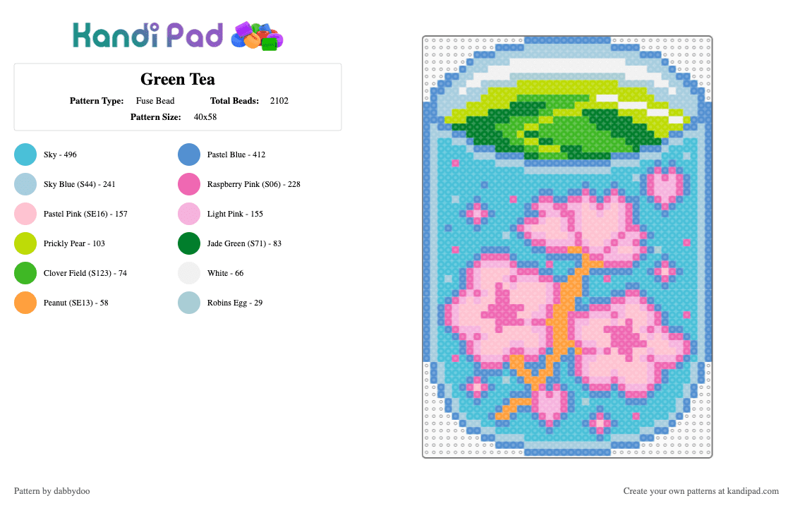 Green Tea - Fuse Bead Pattern by dabbydoo on Kandi Pad - light blue,pink,green tea,tea,cherry blossom