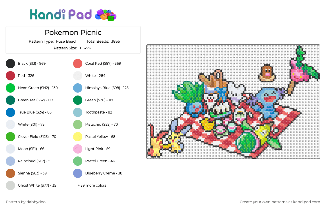 Pokemon Picnic - Fuse Bead Pattern by dabbydoo on Kandi Pad - red,light blue,pink,green,colorful,pokemon,cute,picnic,food,hoppip,oddish,diglett,weepinbell