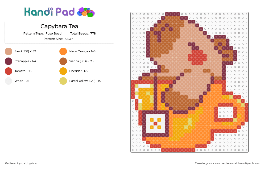 Capybara Tea - Fuse Bead Pattern by dabbydoo on Kandi Pad - brown,tan,beige,orange,capybara,cute,kawaii,tea