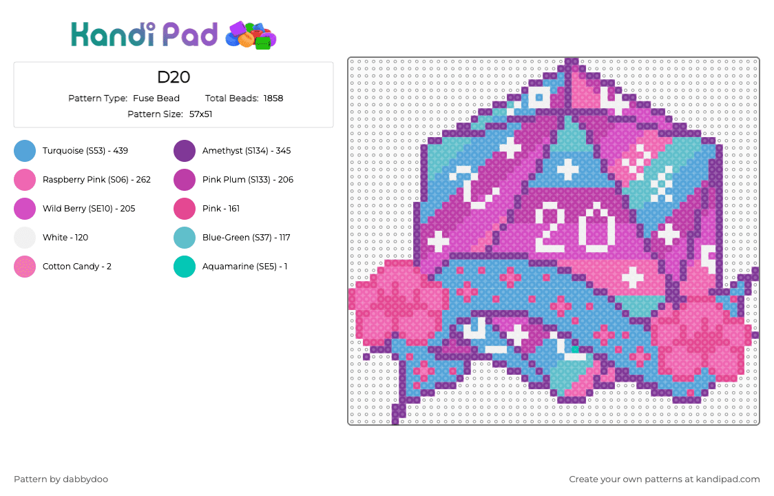 D20 #1 - Fuse Bead Pattern by dabbydoo on Kandi Pad - pink,d20,dnd,dungeons and dragons