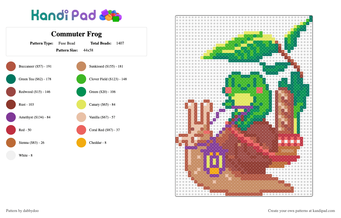 Commuter Frog - Fuse Bead Pattern by dabbydoo on Kandi Pad - teal,green,red,tan,groceries,frog,snail,cute,kawaii