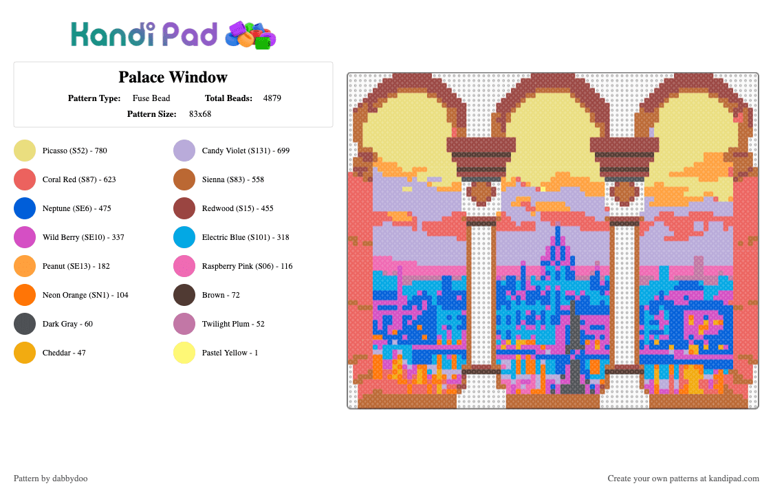 Palace Window - Fuse Bead Pattern by dabbydoo on Kandi Pad - pink,tan,yellow,colorful,window,palace,castle,city