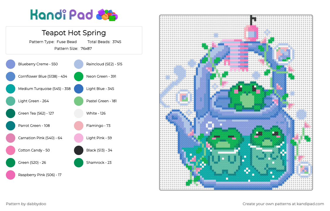 Teapot Hot Spring - Fuse Bead Pattern by dabbydoo on Kandi Pad - teal,blue,light blue,frog,cute,teapot,tea,bath