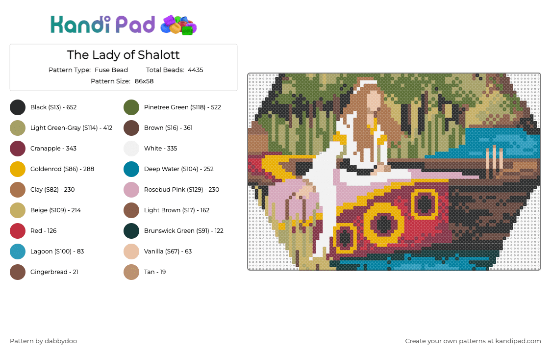 The Lady of Shalott - Fuse Bead Pattern by dabbydoo on Kandi Pad - tan,brown,gold,literature,poem,painting,art history