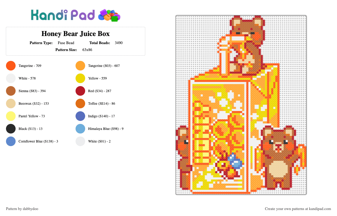 Honey Bear Juice Box - Fuse Bead Pattern by dabbydoo on Kandi Pad - orange,tan,yellow,bear,honey,cute,juice