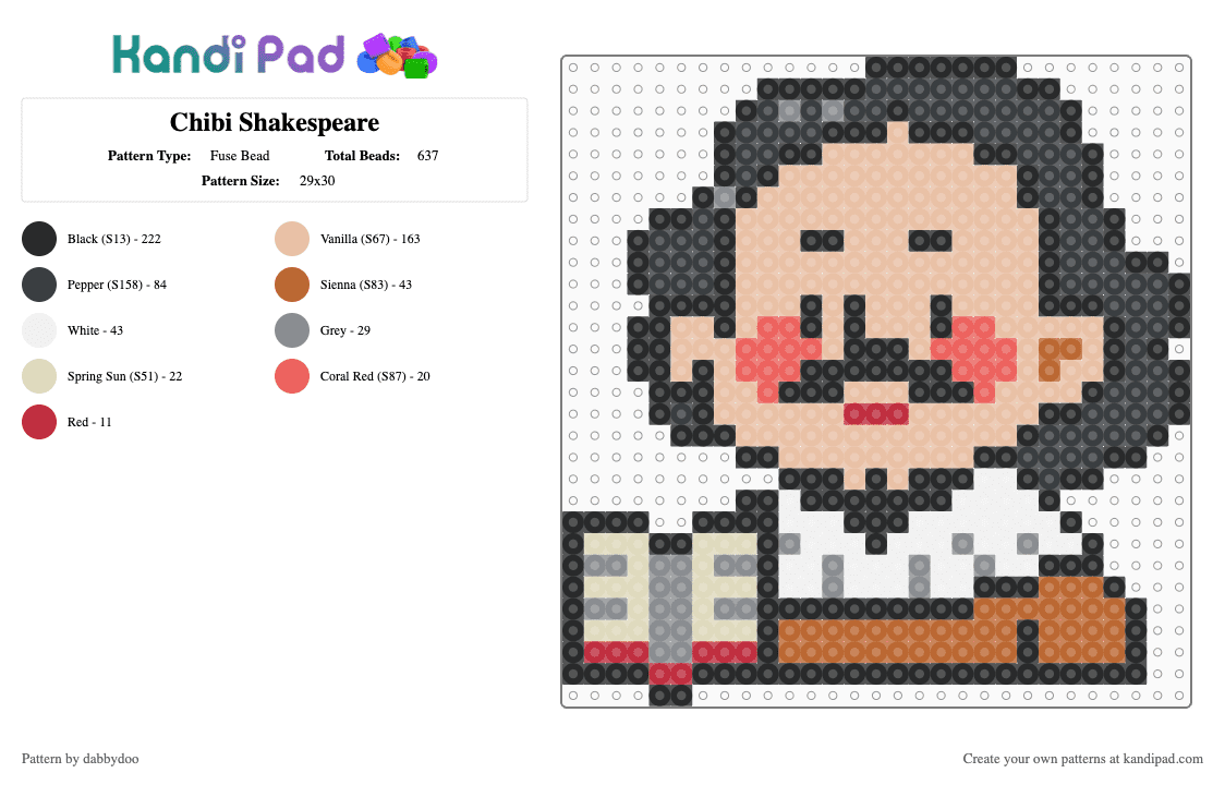 Chibi Shakespeare - Fuse Bead Pattern by dabbydoo on Kandi Pad - black,beige,shakespeare,literature,book,chibi