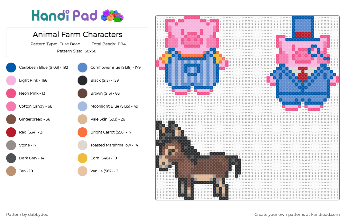 Animal Farm Characters - Fuse Bead Pattern by dabbydoo on Kandi Pad - pink,blue,donkey,pig