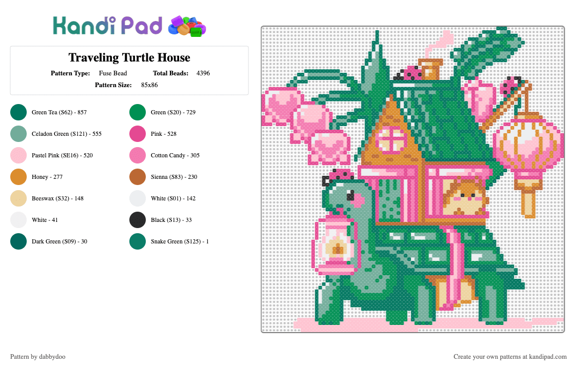 Traveling Turtle House - Fuse Bead Pattern by dabbydoo on Kandi Pad - pink,teal,green,turtle,cute,kawaii,hamster,travel,house