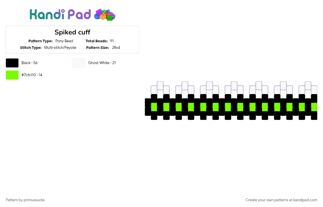 Spiked cuff - Pony Bead Pattern by primussucks on Kandi Pad - cotddiyaesthetics, green, spikes, white