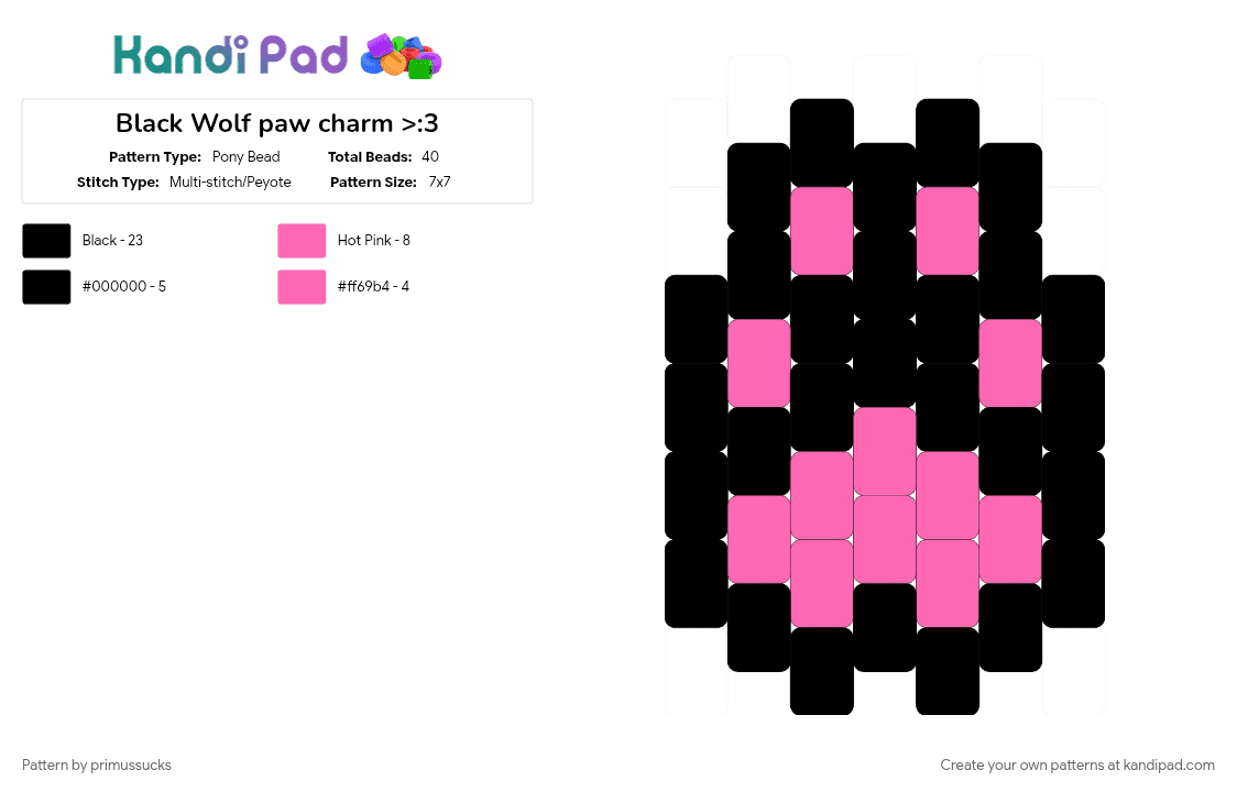 Black Wolf paw charm >:3 - Pony Bead Pattern by primussucks on Kandi Pad - black, cotdwolves, pink