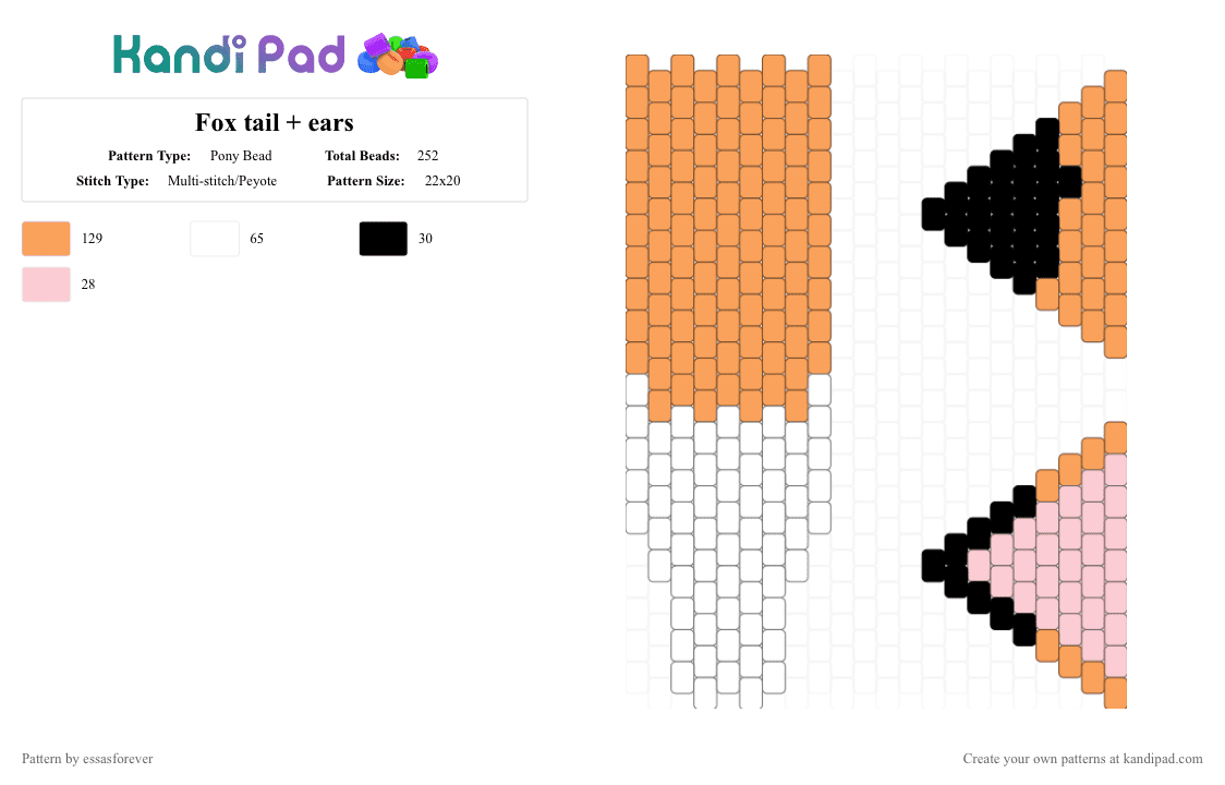 Fox tail + ears - Pony Bead Pattern by essasforever on Kandi Pad - cotdforestcreatures, ears, ears show both front and back, fox, orange, tail
