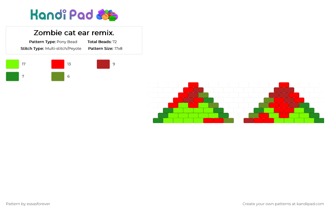 Zombie cat ear remix. - Pony Bead Pattern by essasforever on Kandi Pad - green,red,cat,catears,zombie,undead