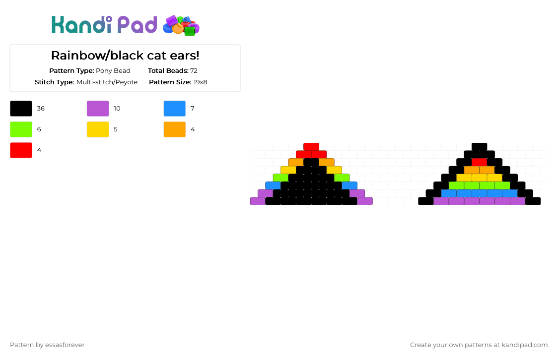 Rainbow/black cat ears! - Pony Bead Pattern by essasforever on Kandi Pad - black,pink,light blue,green,cat,ears,rainbow,cute