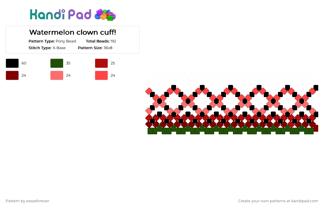 Watermelon clown cuff! - Pony Bead Pattern by essasforever on Kandi Pad - clown cuff, red, watermelon