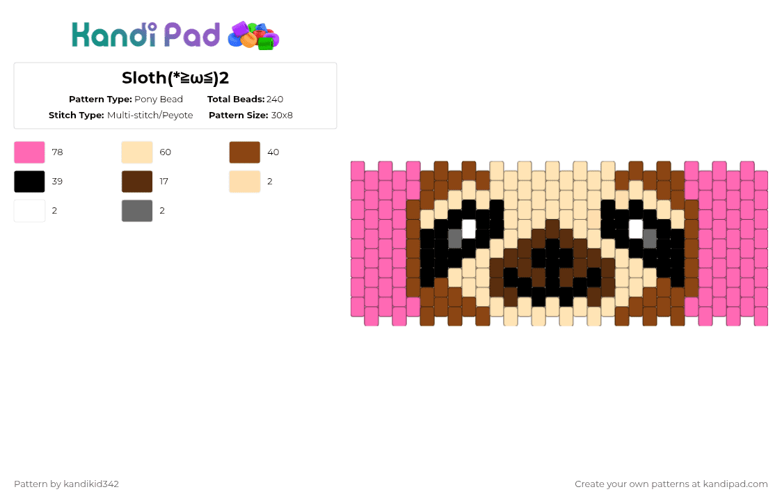 Sloth(*≧ω≦)2 - Pony Bead Pattern by kandikid342 on Kandi Pad - pink,red,beige