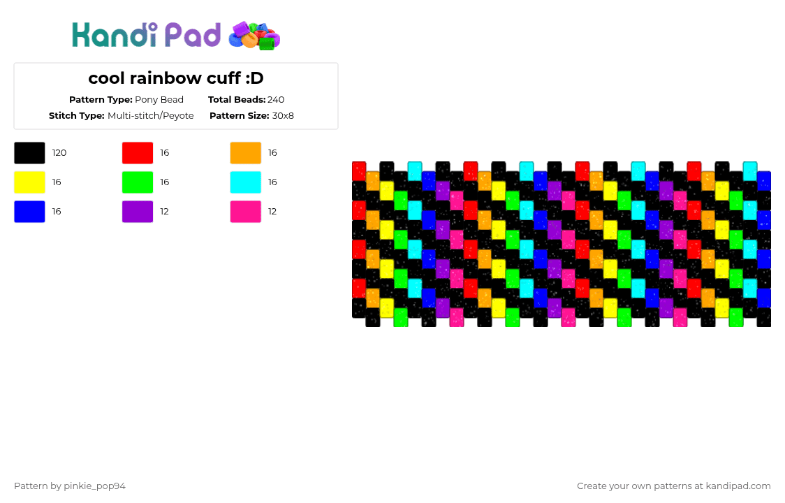 cool rainbow cuff :D - Pony Bead Pattern by crystal-in-the-void on Kandi Pad - black,orange,green,purple,colorful,rainbow,bright,scene,rave