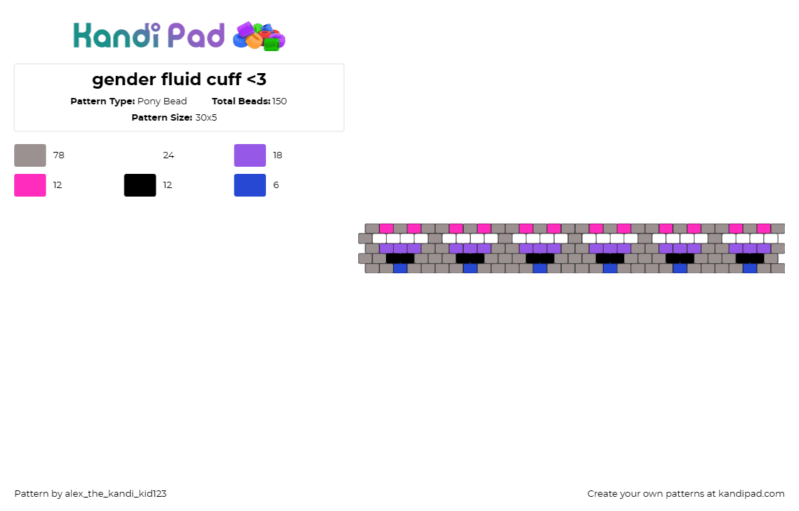 gender fluid cuff <3 - Pony Bead Pattern by alex_the_kandi_kid123 on Kandi Pad - gender fluid,pride,hearts,cuff,community,repeating,gray