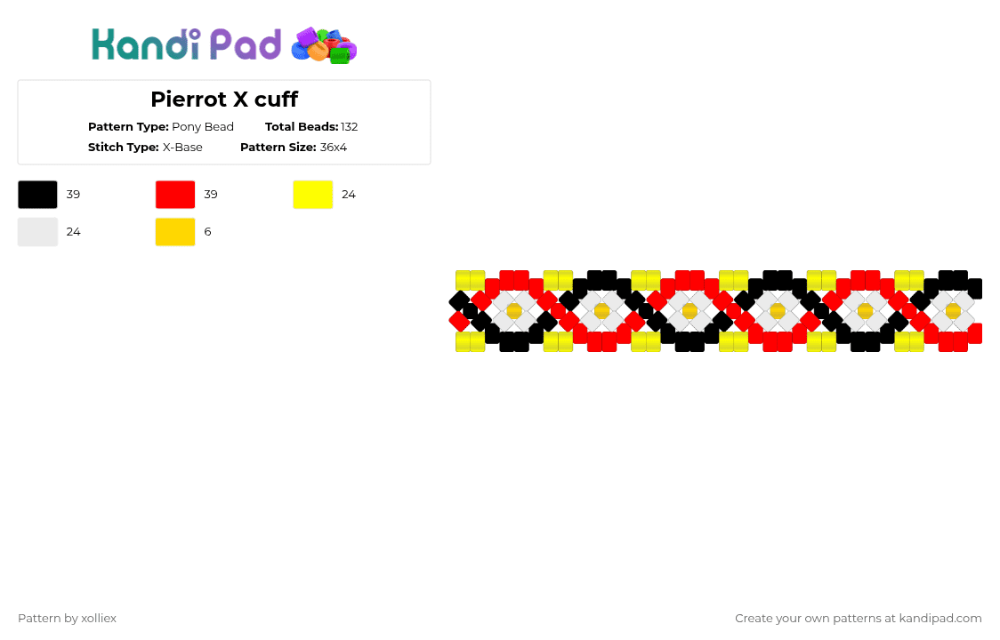 Pierrot X cuff - Pony Bead Pattern by xolliex on Kandi Pad - red,yellow,tfc
